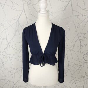 Sunday Best Navy Tie Front Peplum Cropped Blouse